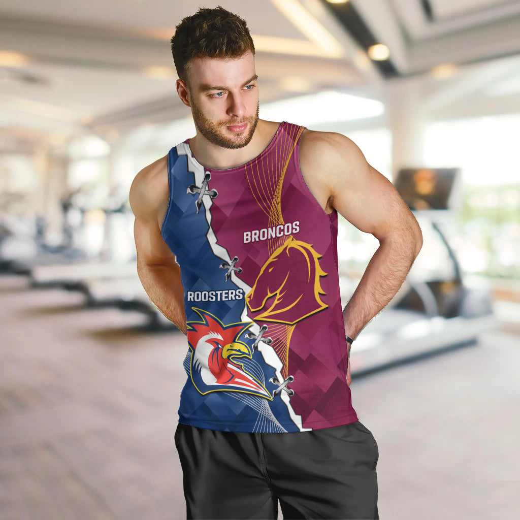 Personalised Roosters And Broncos Rugby Men Tank Top NRL 2024 Dynamic Together