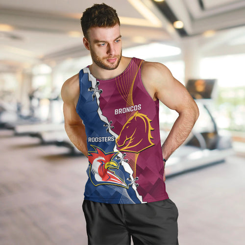 Personalised Roosters And Broncos Rugby Men Tank Top NRL 2024 Dynamic Together