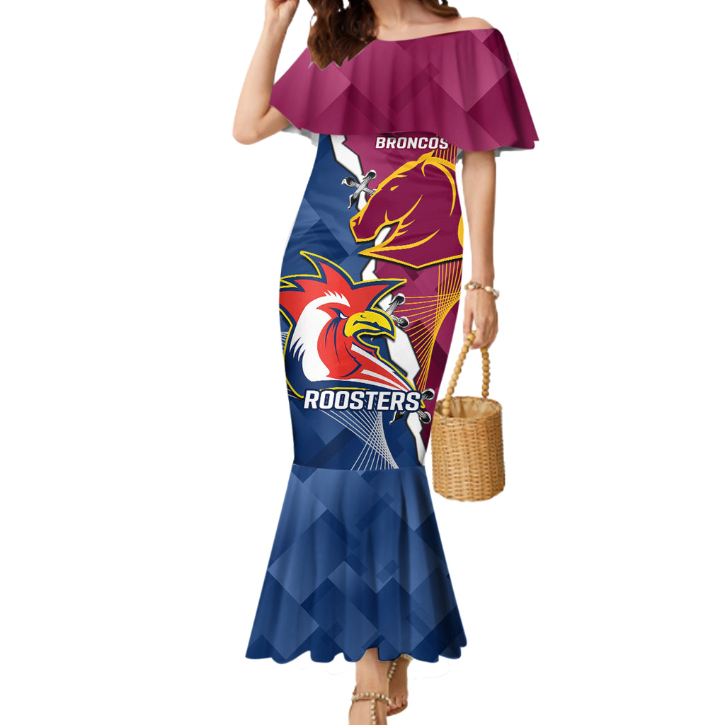Personalised Roosters And Broncos Rugby Mermaid Dress NRL 2024 Dynamic Together