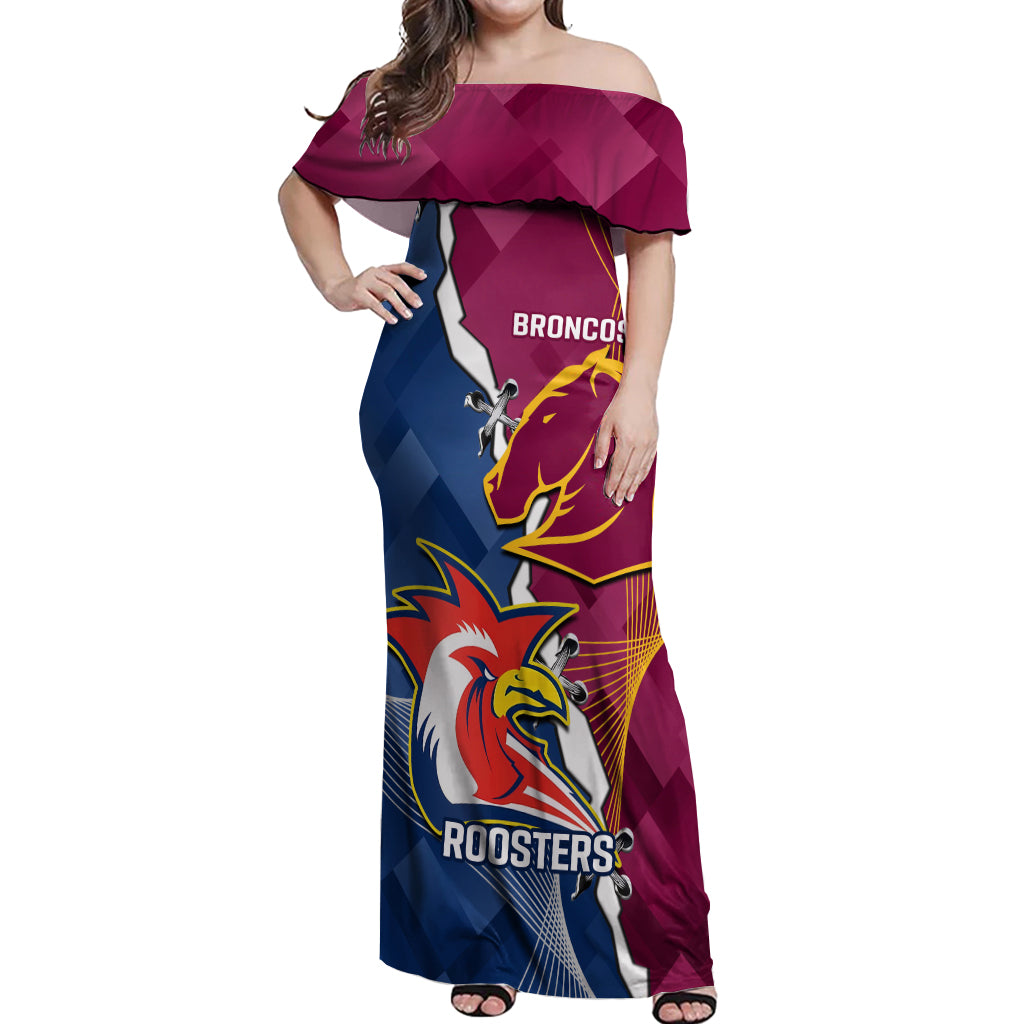 Personalised Roosters And Broncos Rugby Off Shoulder Maxi Dress NRL 2024 Dynamic Together
