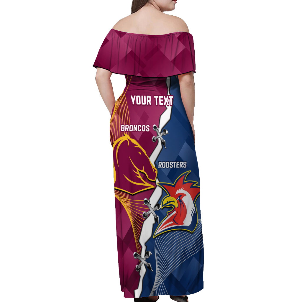 Personalised Roosters And Broncos Rugby Off Shoulder Maxi Dress NRL 2024 Dynamic Together