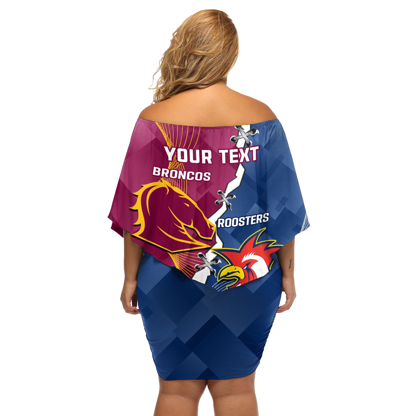Personalised Roosters And Broncos Rugby Off Shoulder Short Dress NRL 2024 Dynamic Together