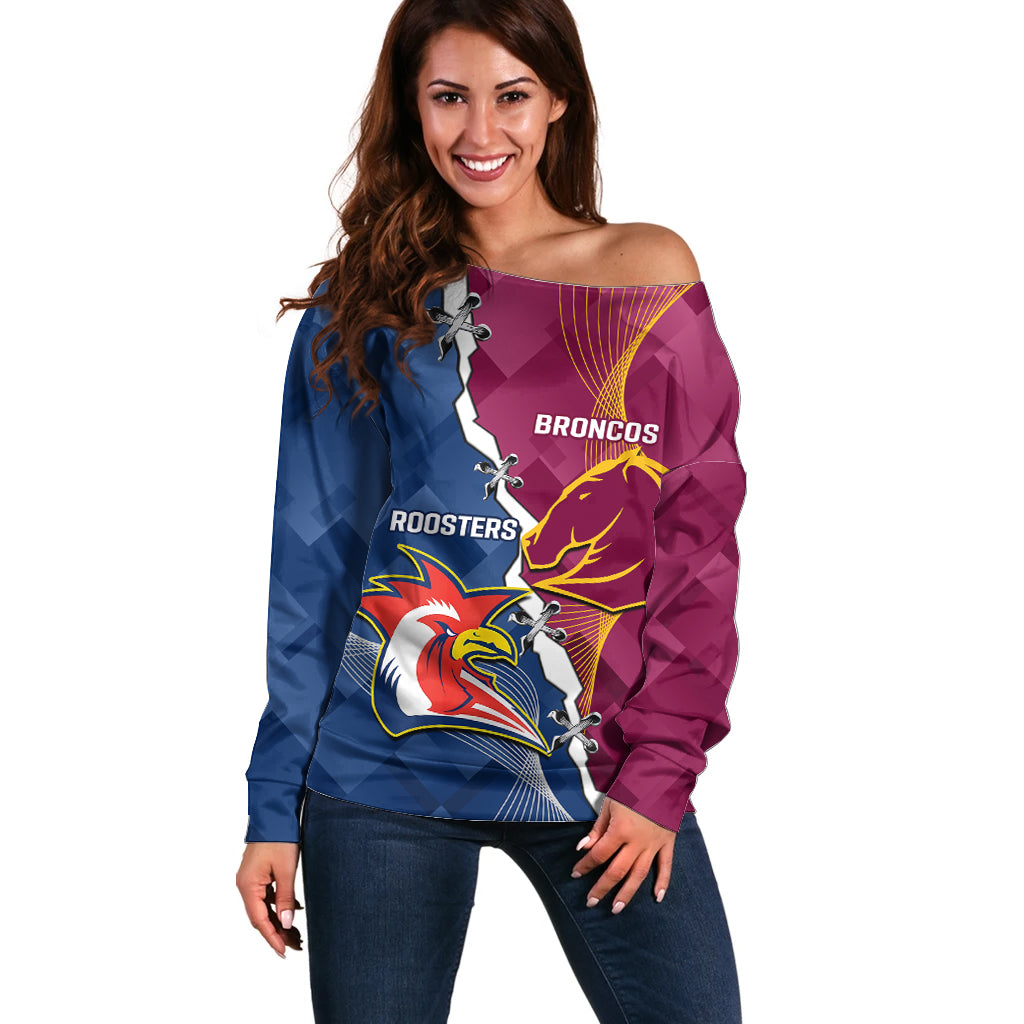 Personalised Roosters And Broncos Rugby Off Shoulder Sweater NRL 2024 Dynamic Together