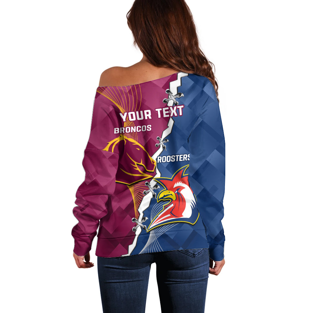 Personalised Roosters And Broncos Rugby Off Shoulder Sweater NRL 2024 Dynamic Together
