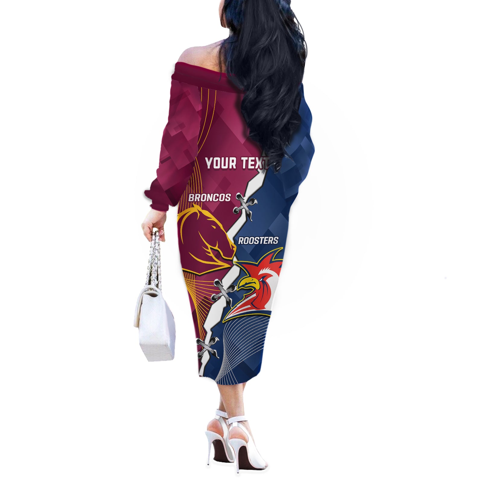 Personalised Roosters And Broncos Rugby Off The Shoulder Long Sleeve Dress NRL 2024 Dynamic Together