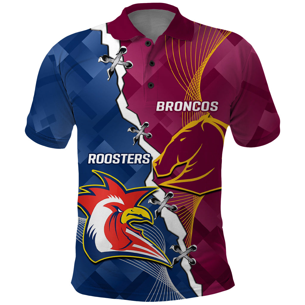 Personalised Roosters And Broncos Rugby Polo Shirt NRL 2024 Dynamic Together