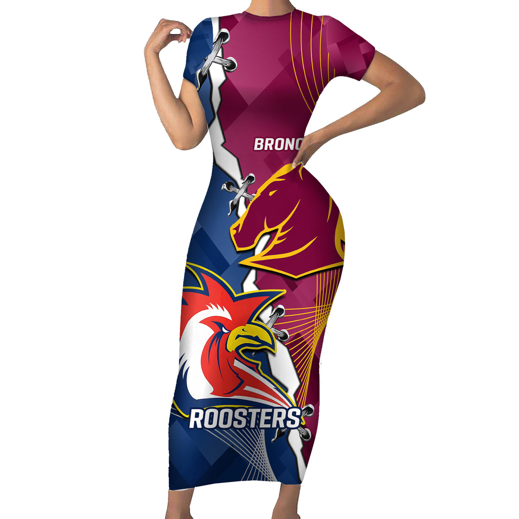 Personalised Roosters And Broncos Rugby Short Sleeve Bodycon Dress NRL 2024 Dynamic Together