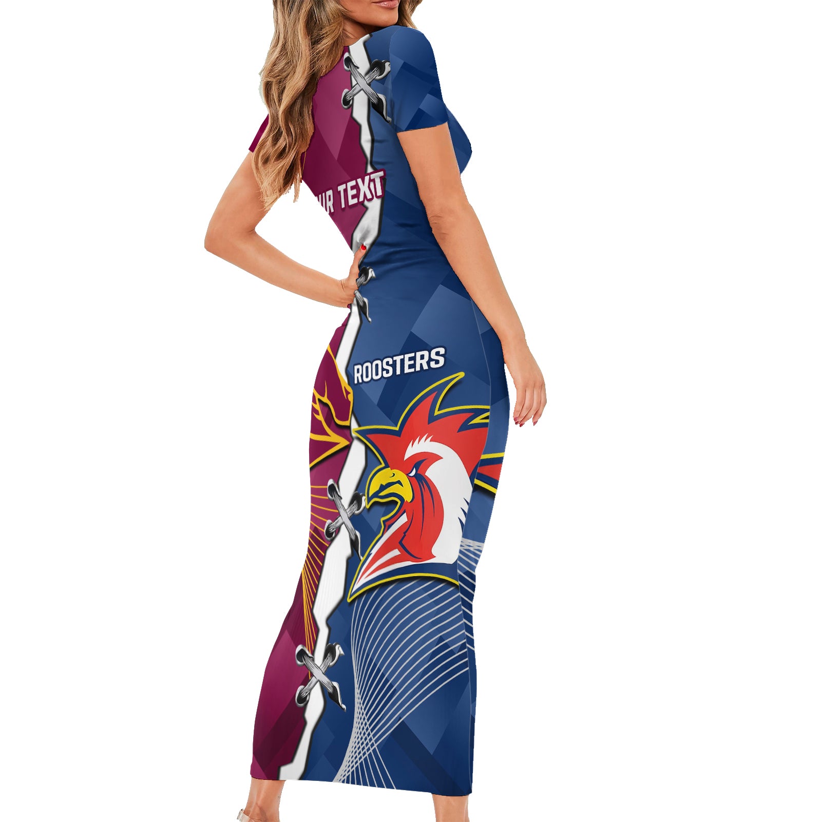 Personalised Roosters And Broncos Rugby Short Sleeve Bodycon Dress NRL 2024 Dynamic Together