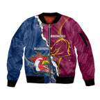 Personalised Roosters And Broncos Rugby Sleeve Zip Bomber Jacket NRL 2024 Dynamic Together