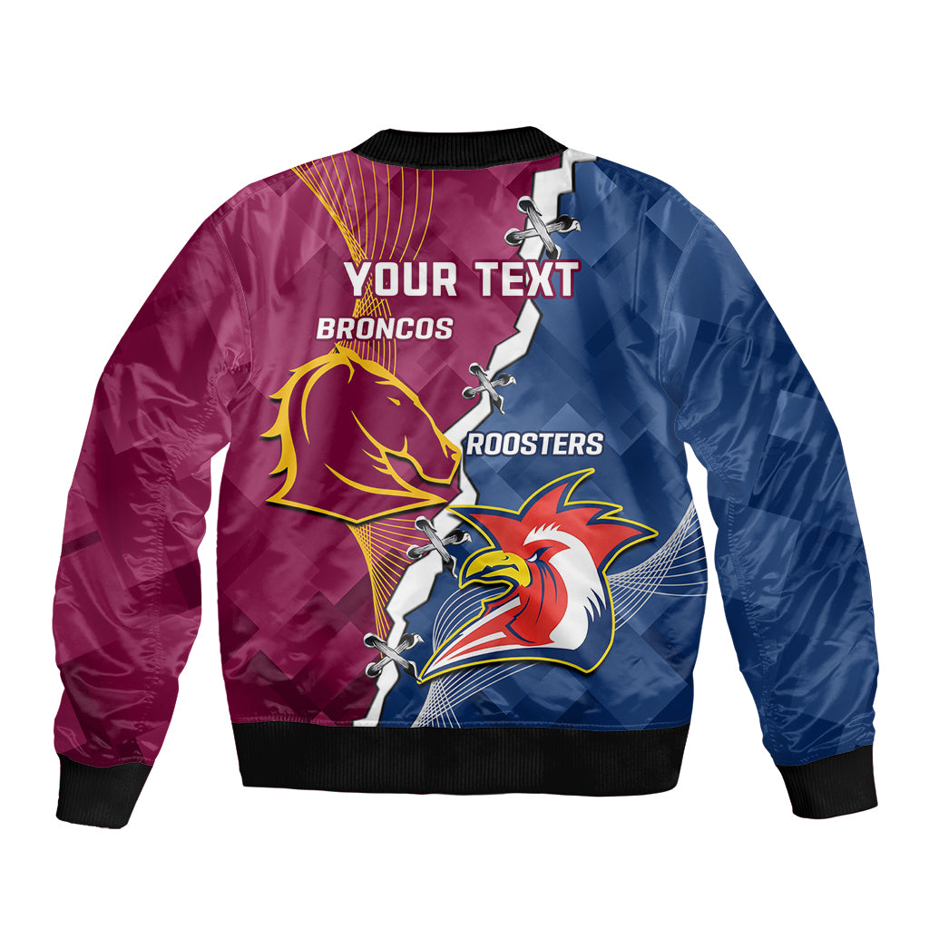 Personalised Roosters And Broncos Rugby Sleeve Zip Bomber Jacket NRL 2024 Dynamic Together