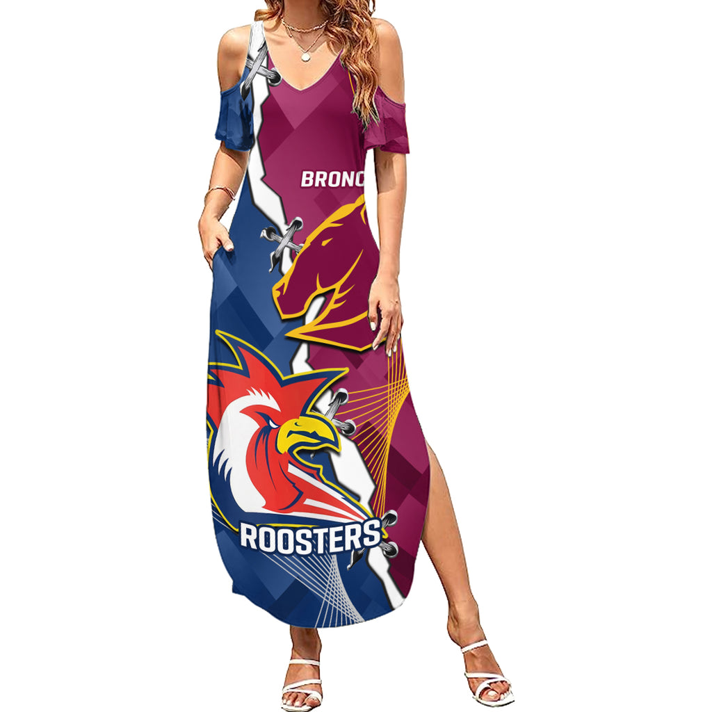 Personalised Roosters And Broncos Rugby Summer Maxi Dress NRL 2024 Dynamic Together