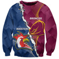 Personalised Roosters And Broncos Rugby Sweatshirt NRL 2024 Dynamic Together