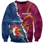 Personalised Roosters And Broncos Rugby Sweatshirt NRL 2024 Dynamic Together