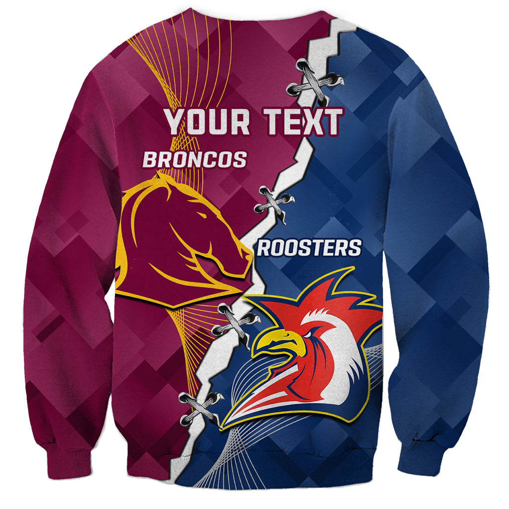 Personalised Roosters And Broncos Rugby Sweatshirt NRL 2024 Dynamic Together