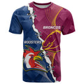 Personalised Roosters And Broncos Rugby T Shirt NRL 2024 Dynamic Together