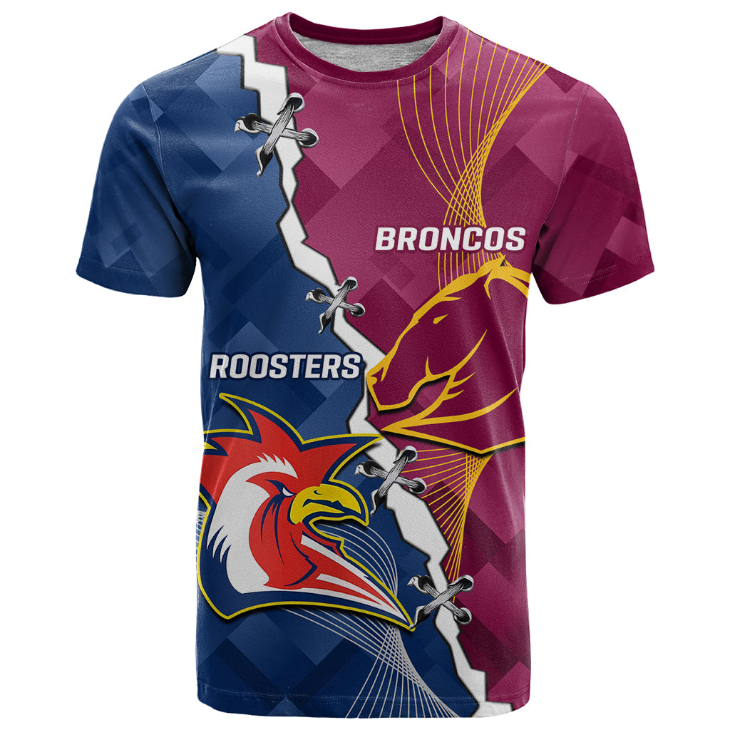 Personalised Roosters And Broncos Rugby T Shirt NRL 2024 Dynamic Together