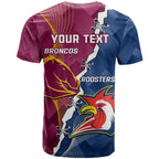 Personalised Roosters And Broncos Rugby T Shirt NRL 2024 Dynamic Together