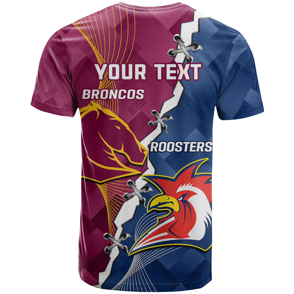 Personalised Roosters And Broncos Rugby T Shirt NRL 2024 Dynamic Together