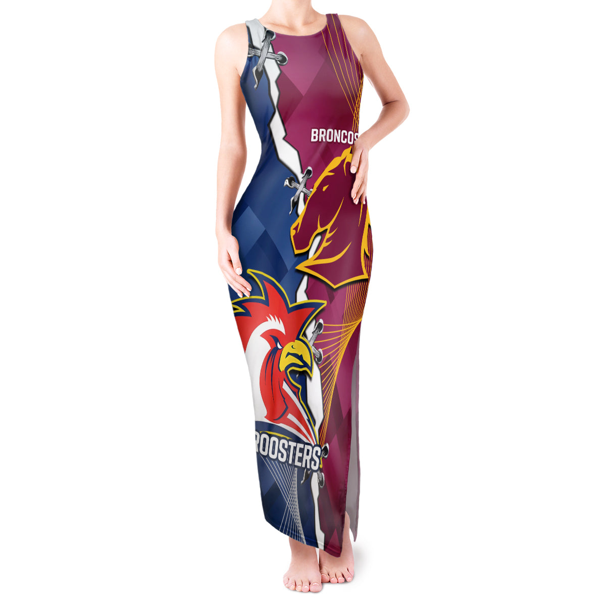 Personalised Roosters And Broncos Rugby Tank Maxi Dress NRL 2024 Dynamic Together
