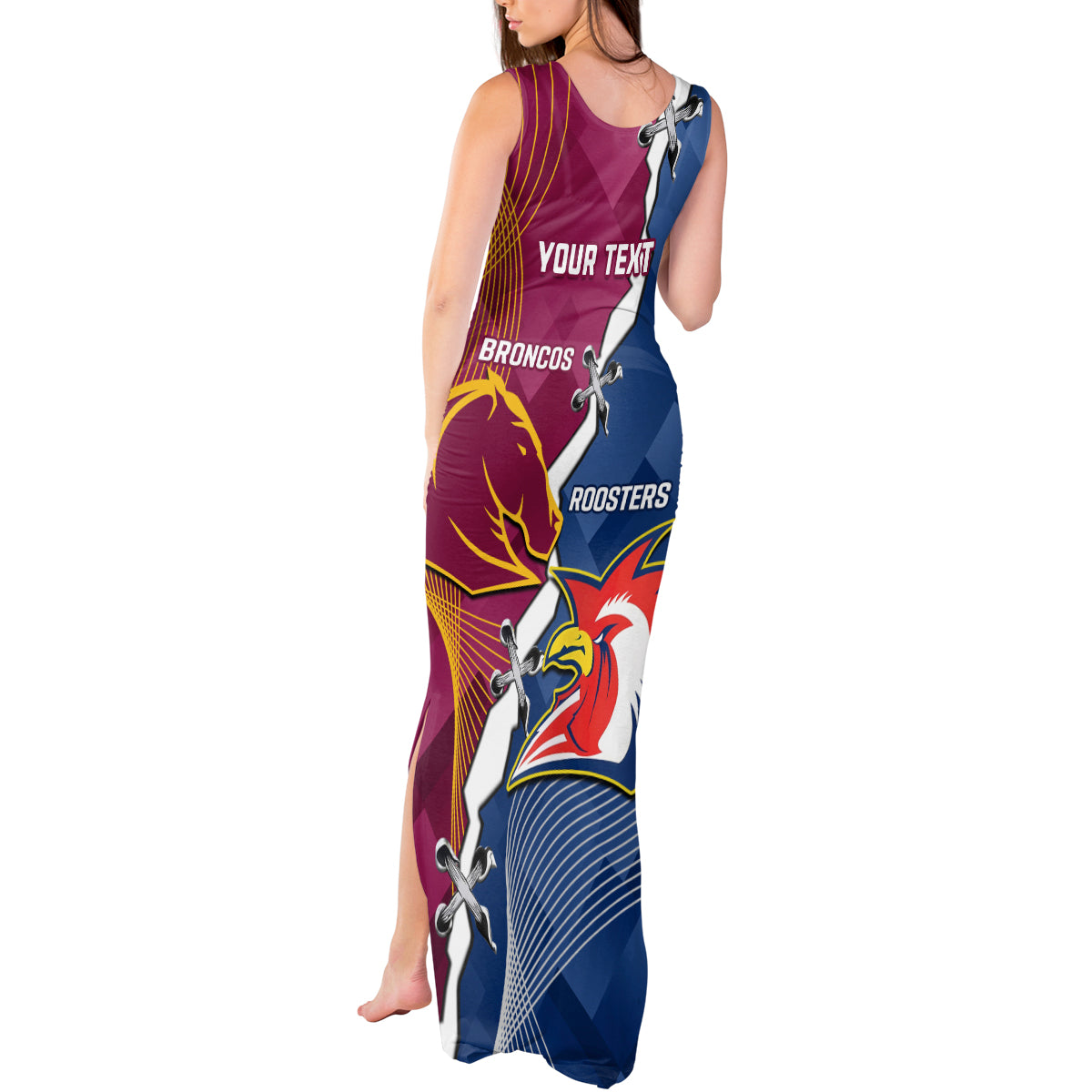 Personalised Roosters And Broncos Rugby Tank Maxi Dress NRL 2024 Dynamic Together