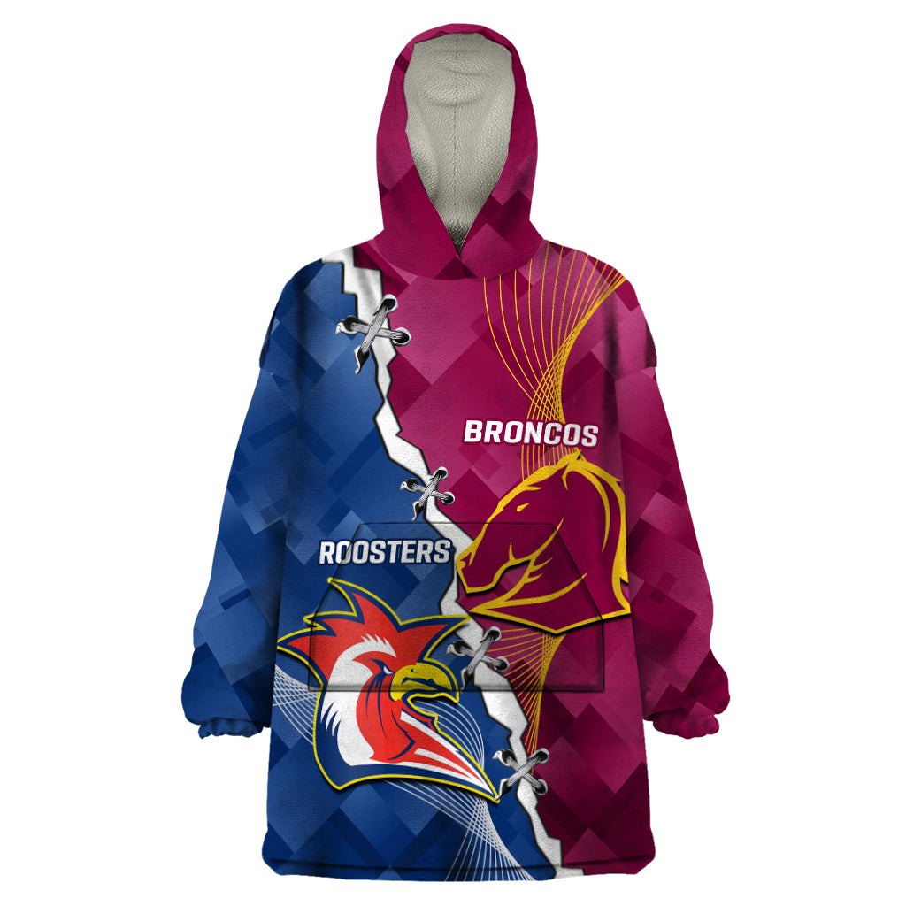 Personalised Roosters And Broncos Rugby Wearable Blanket Hoodie NRL 2024 Dynamic Together