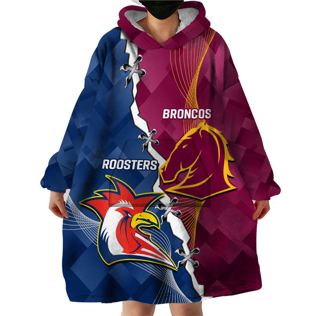 Personalised Roosters And Broncos Rugby Wearable Blanket Hoodie NRL 2024 Dynamic Together