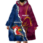 Personalised Roosters And Broncos Rugby Wearable Blanket Hoodie NRL 2024 Dynamic Together