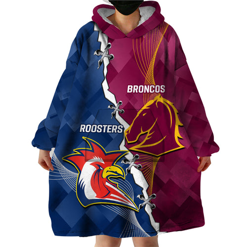 Personalised Roosters And Broncos Rugby Wearable Blanket Hoodie NRL 2024 Dynamic Together
