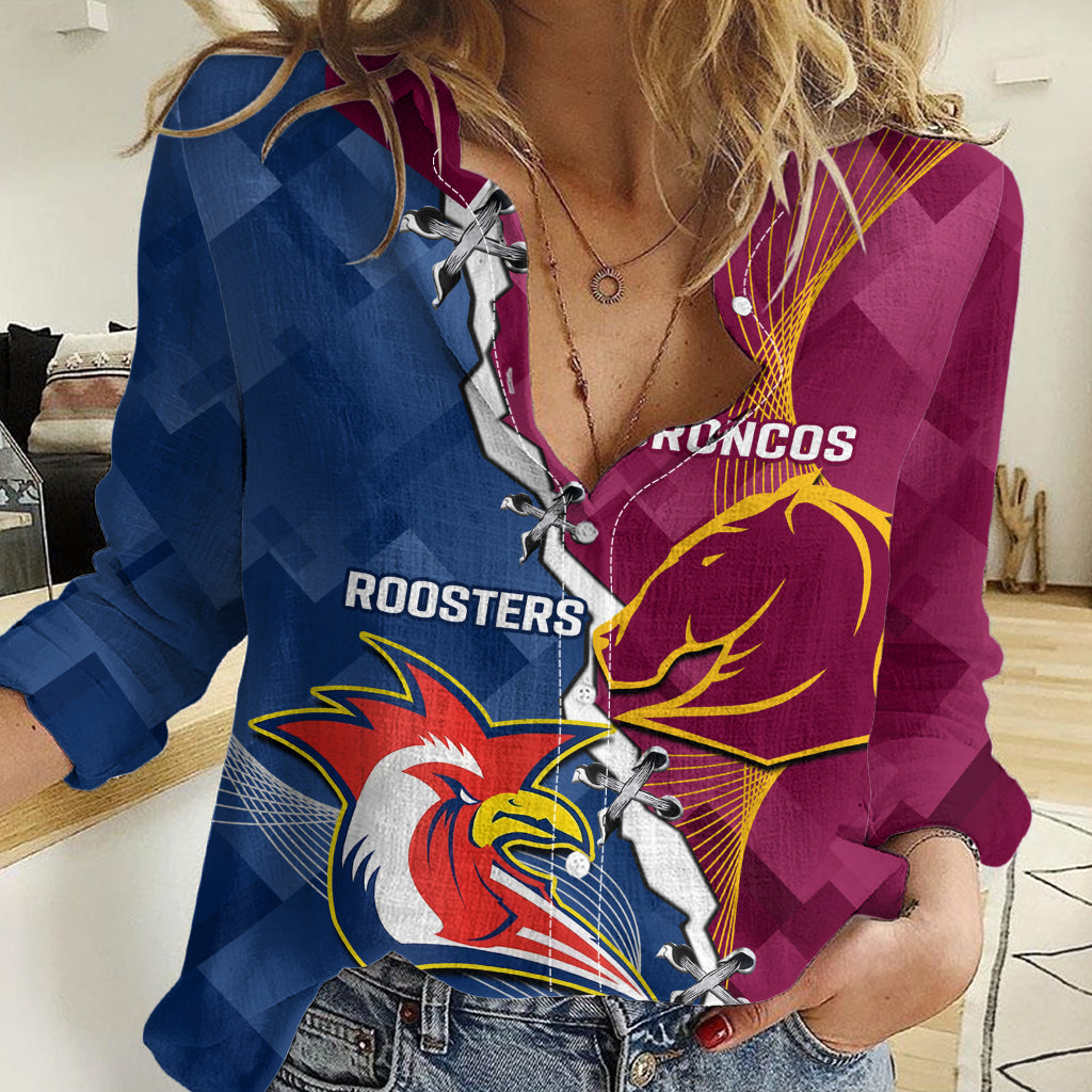 Personalised Roosters And Broncos Rugby Women Casual Shirt NRL 2024 Dynamic Together