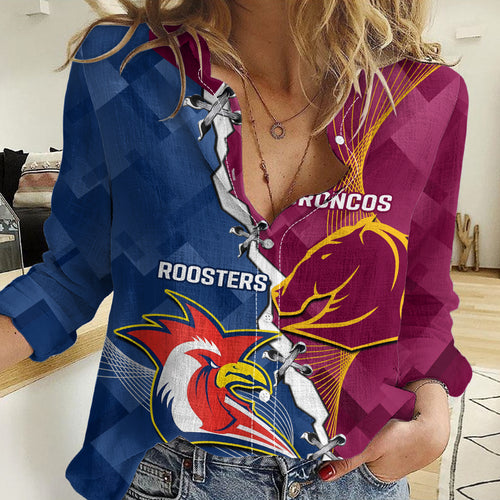 Personalised Roosters And Broncos Rugby Women Casual Shirt NRL 2024 Dynamic Together