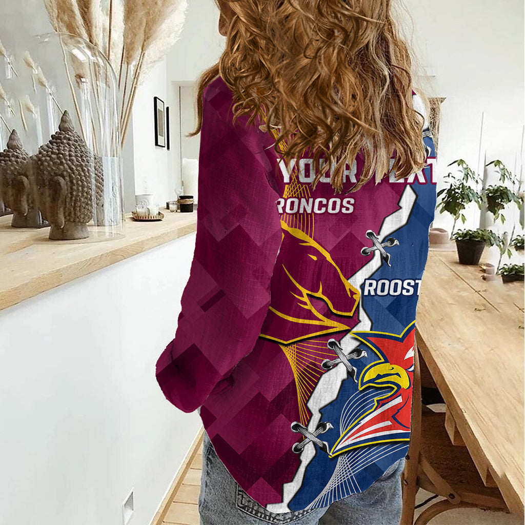Personalised Roosters And Broncos Rugby Women Casual Shirt NRL 2024 Dynamic Together