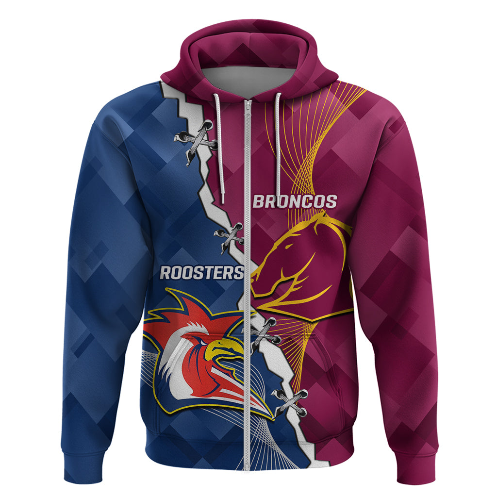 Personalised Roosters And Broncos Rugby Zip Hoodie NRL 2024 Dynamic Together