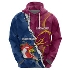 Personalised Roosters And Broncos Rugby Zip Hoodie NRL 2024 Dynamic Together