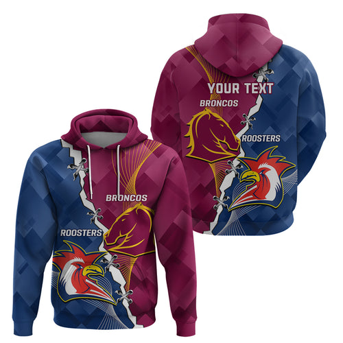 Personalised Roosters And Broncos Rugby Zip Hoodie NRL 2024 Dynamic Together