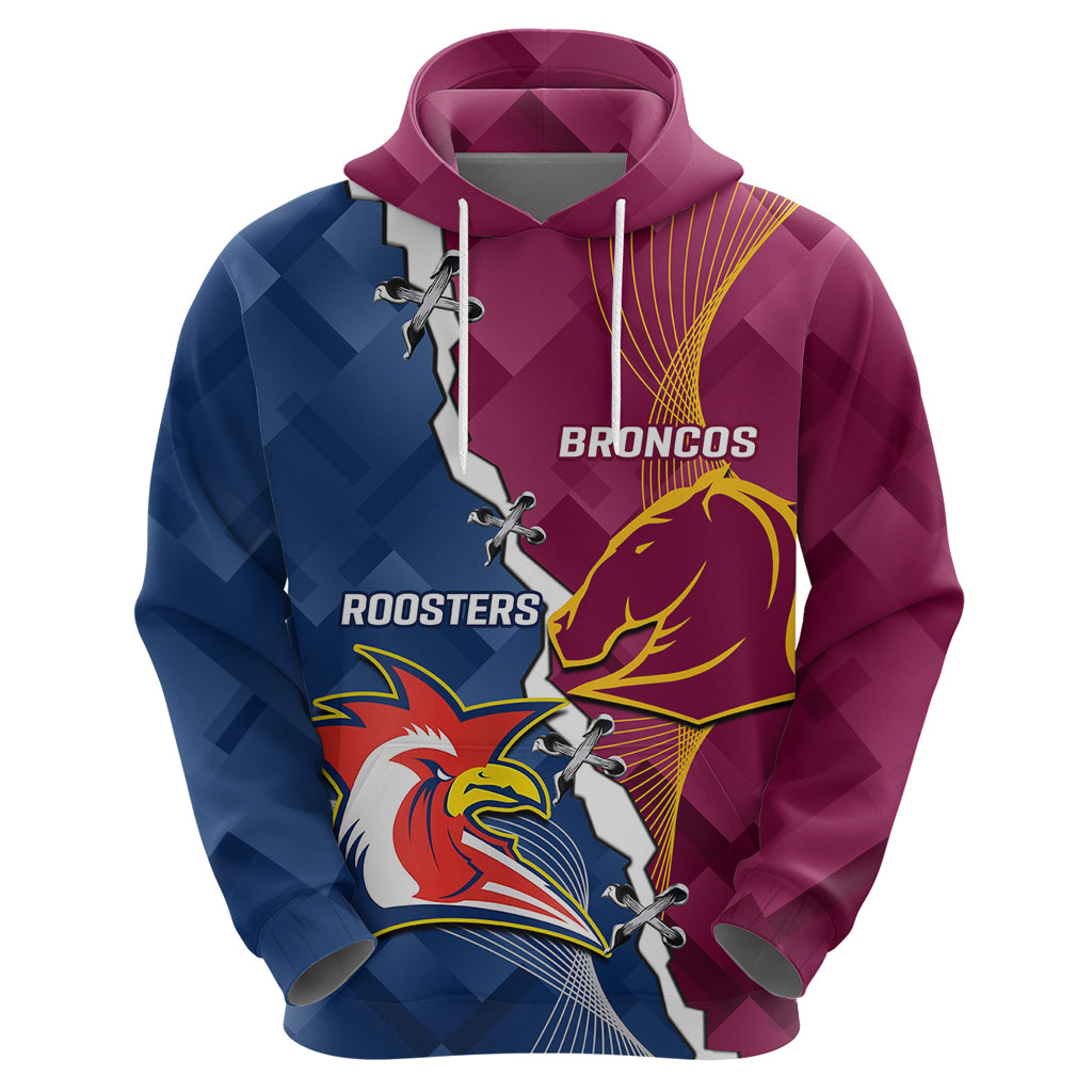 Personalised Roosters And Broncos Rugby Zip Hoodie NRL 2024 Dynamic Together