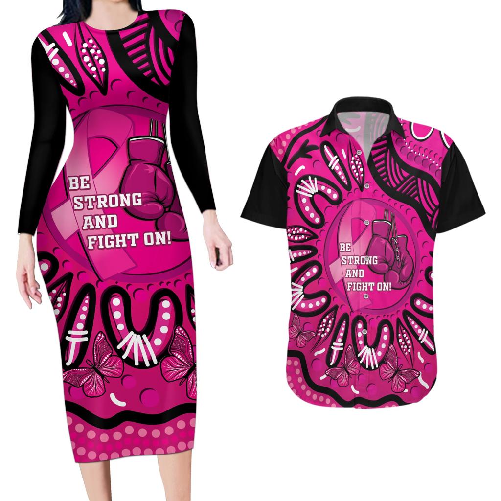 Personalised Australia Breast Cancer Couples Matching Long Sleeve Bodycon Dress and Hawaiian Shirt Pink Boxing Ribbon Be Strong And Fight On