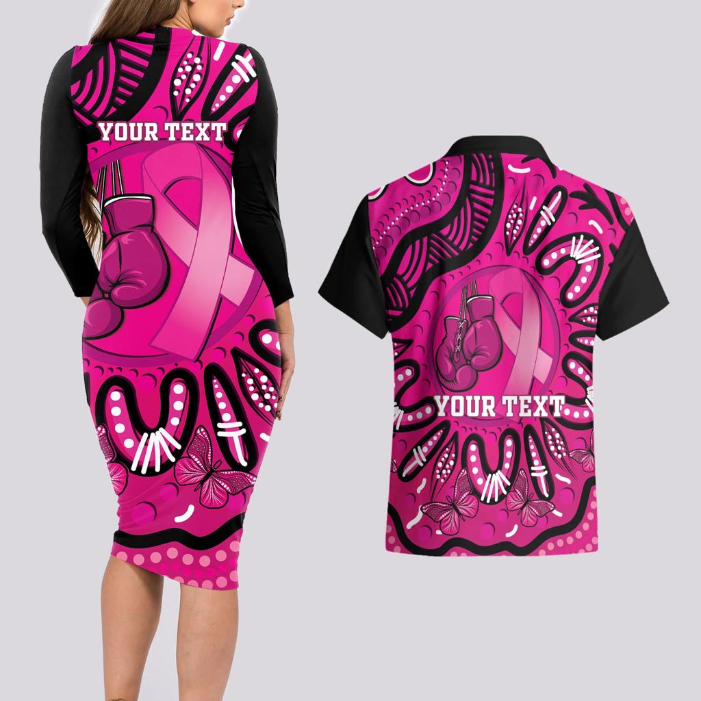 Personalised Australia Breast Cancer Couples Matching Long Sleeve Bodycon Dress and Hawaiian Shirt Pink Boxing Ribbon Be Strong And Fight On