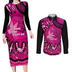 Personalised Australia Breast Cancer Couples Matching Long Sleeve Bodycon Dress and Long Sleeve Button Shirt Pink Boxing Ribbon Be Strong And Fight On