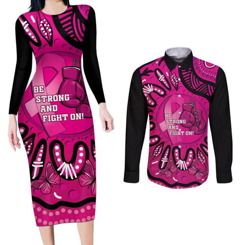 Personalised Australia Breast Cancer Couples Matching Long Sleeve Bodycon Dress and Long Sleeve Button Shirt Pink Boxing Ribbon Be Strong And Fight On