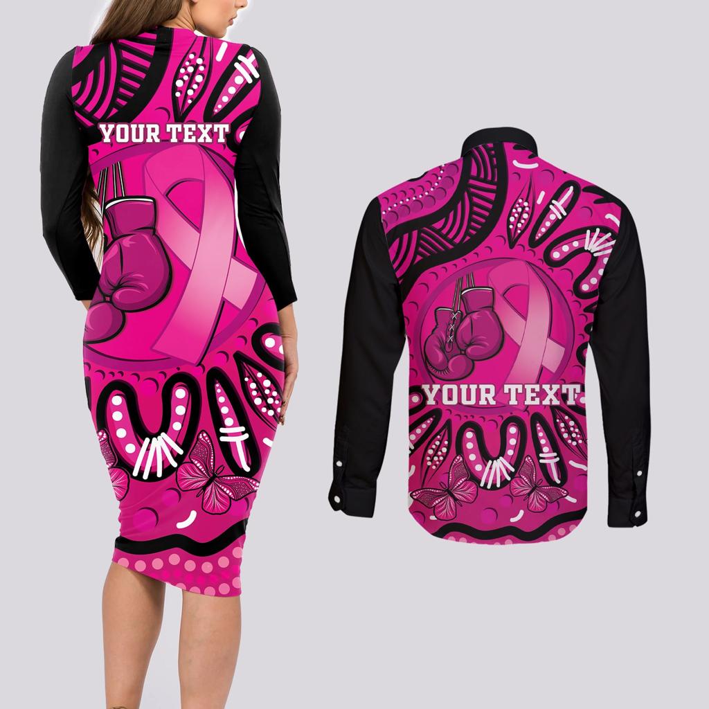 Personalised Australia Breast Cancer Couples Matching Long Sleeve Bodycon Dress and Long Sleeve Button Shirt Pink Boxing Ribbon Be Strong And Fight On