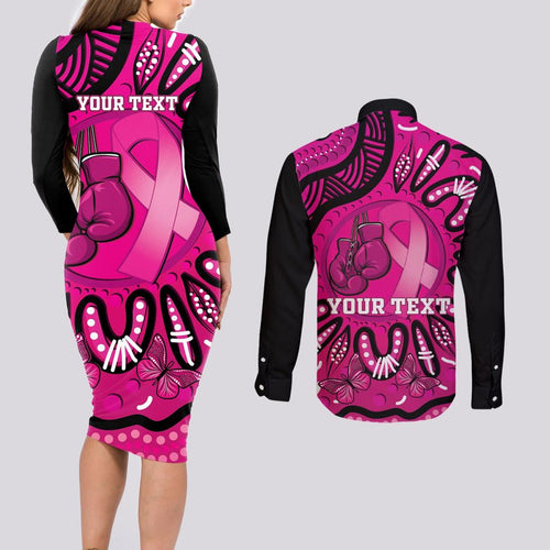 Personalised Australia Breast Cancer Couples Matching Long Sleeve Bodycon Dress and Long Sleeve Button Shirt Pink Boxing Ribbon Be Strong And Fight On