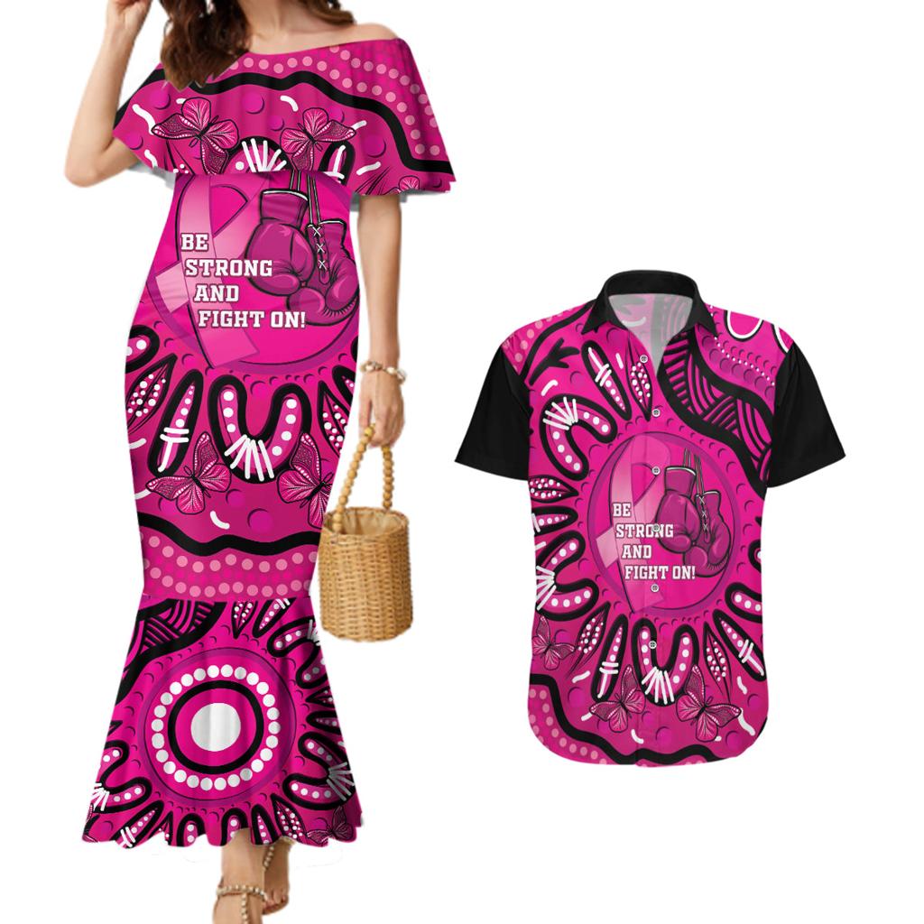 Personalised Australia Breast Cancer Couples Matching Mermaid Dress and Hawaiian Shirt Pink Boxing Ribbon Be Strong And Fight On