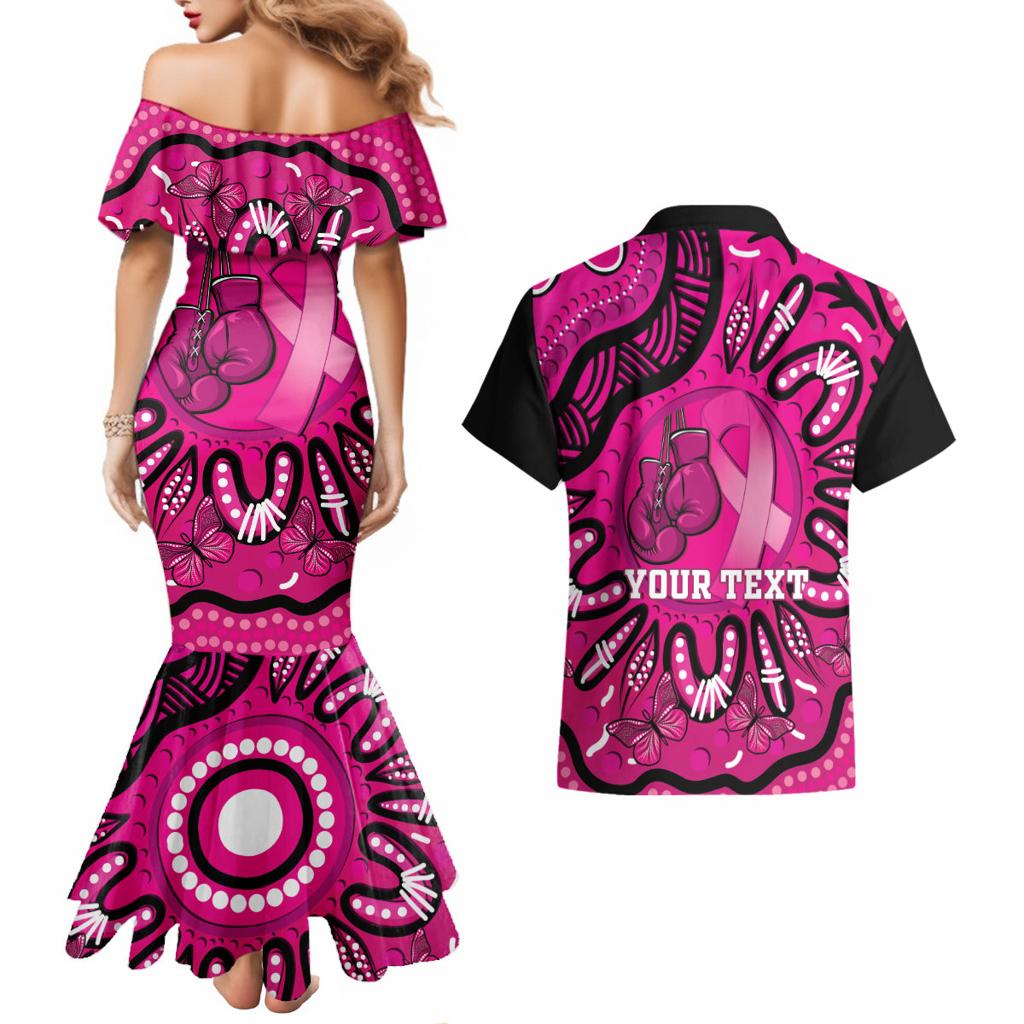 Personalised Australia Breast Cancer Couples Matching Mermaid Dress and Hawaiian Shirt Pink Boxing Ribbon Be Strong And Fight On