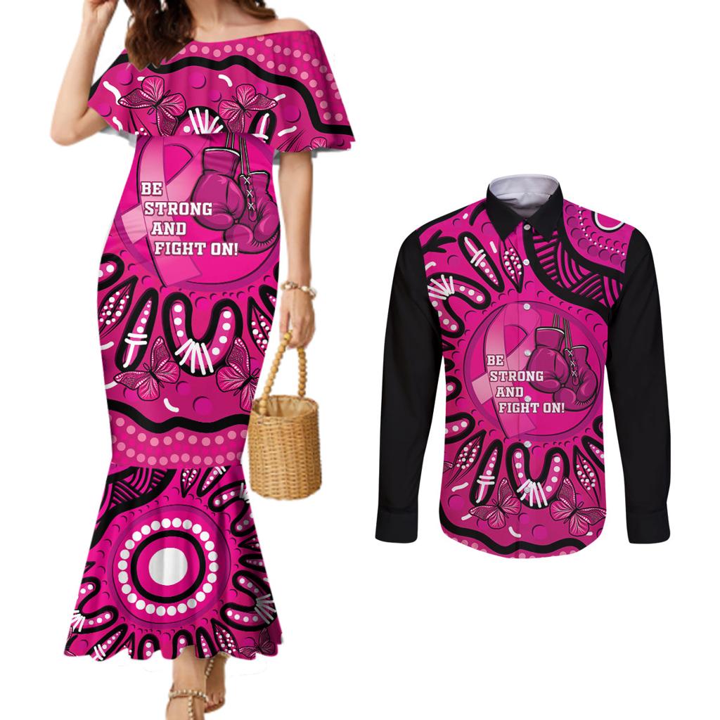 Personalised Australia Breast Cancer Couples Matching Mermaid Dress and Long Sleeve Button Shirt Pink Boxing Ribbon Be Strong And Fight On