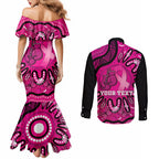Personalised Australia Breast Cancer Couples Matching Mermaid Dress and Long Sleeve Button Shirt Pink Boxing Ribbon Be Strong And Fight On