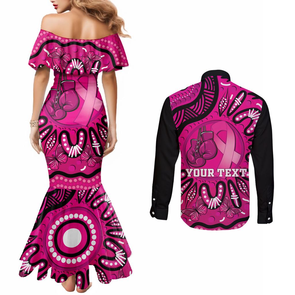 Personalised Australia Breast Cancer Couples Matching Mermaid Dress and Long Sleeve Button Shirt Pink Boxing Ribbon Be Strong And Fight On