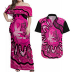 Personalised Australia Breast Cancer Couples Matching Off Shoulder Maxi Dress and Hawaiian Shirt Pink Boxing Ribbon Be Strong And Fight On