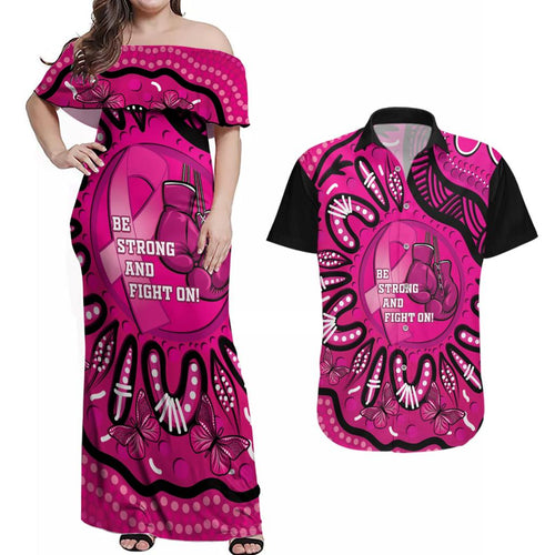 Personalised Australia Breast Cancer Couples Matching Off Shoulder Maxi Dress and Hawaiian Shirt Pink Boxing Ribbon Be Strong And Fight On
