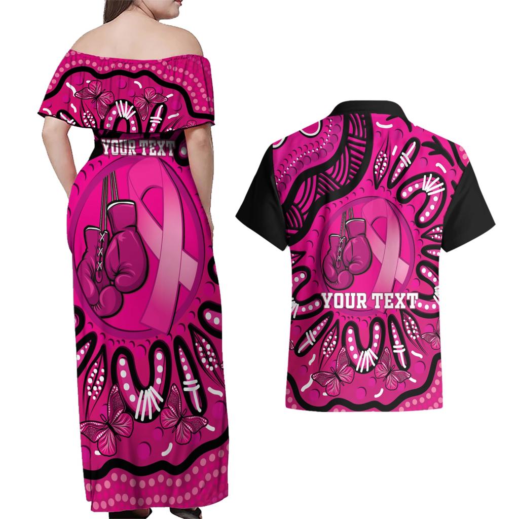 Personalised Australia Breast Cancer Couples Matching Off Shoulder Maxi Dress and Hawaiian Shirt Pink Boxing Ribbon Be Strong And Fight On
