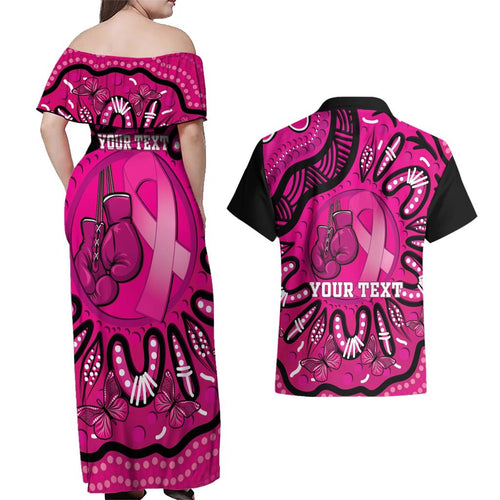Personalised Australia Breast Cancer Couples Matching Off Shoulder Maxi Dress and Hawaiian Shirt Pink Boxing Ribbon Be Strong And Fight On